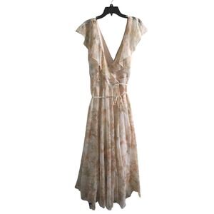 Jenny Yoo Collection Floral Chiffon Wrap Maxi Dress Tan Sage Cream Size 8